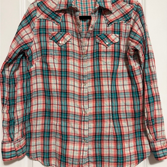 Wrangler Tops - Vintage Wrangler Western Women’s Plaid Shirt - Orange and Blue